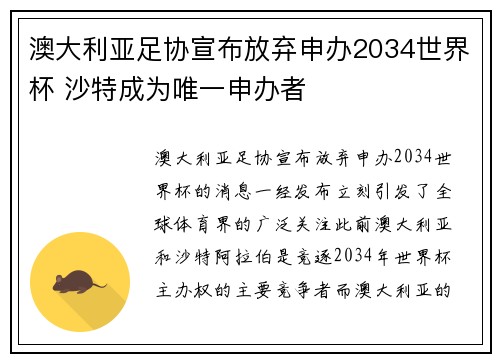 澳大利亚足协宣布放弃申办2034世界杯 沙特成为唯一申办者
