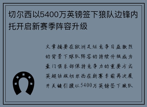 切尔西以5400万英镑签下狼队边锋内托开启新赛季阵容升级