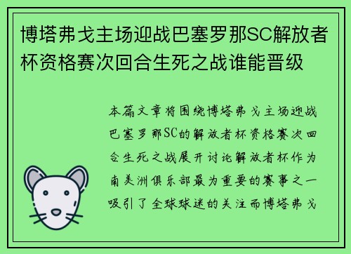 博塔弗戈主场迎战巴塞罗那SC解放者杯资格赛次回合生死之战谁能晋级